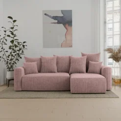 Divano letto angolare reversibile 238x142cm velluto a coste con libreria a sinistra rosa antico Mistery