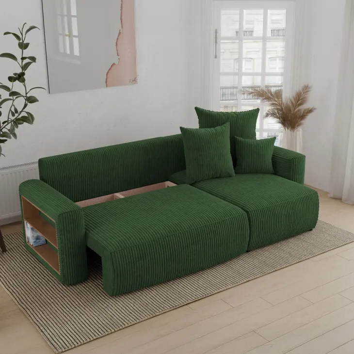 Divano letto angolare reversibile 238x142cm velluto a coste con libreria a sinistra verde scuro Mistery
