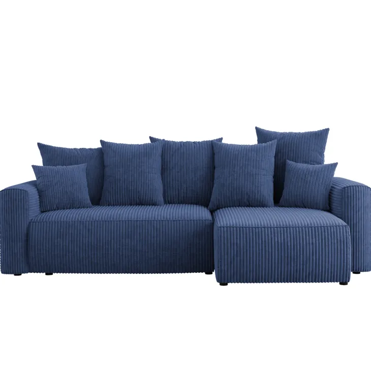 Divano letto angolare reversibile 238x142cm velluto a coste con libreria a destra blu Mistery