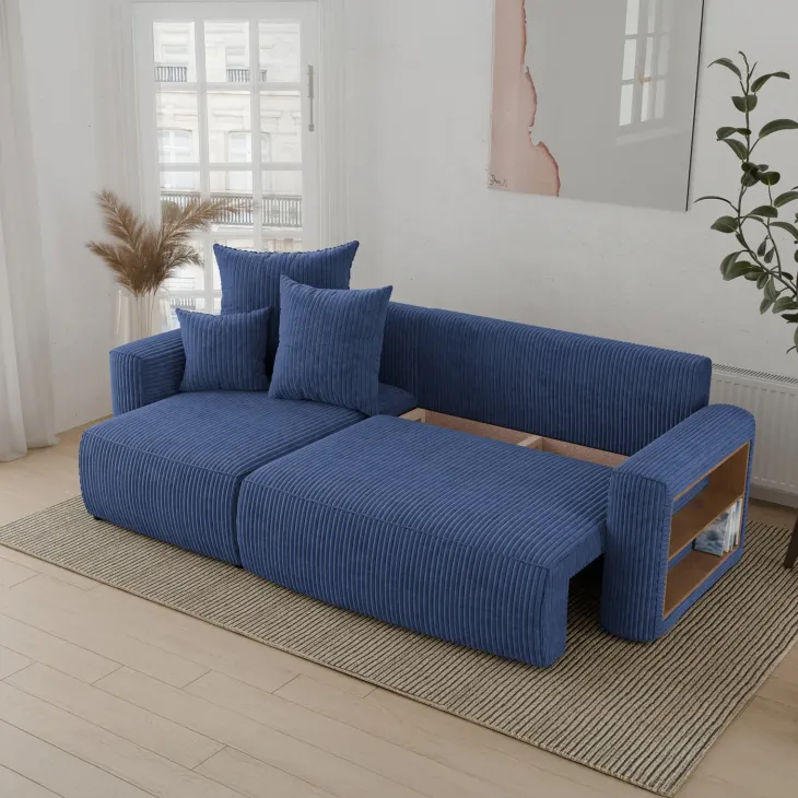 Divano letto angolare reversibile 238x142cm velluto a coste con libreria a destra blu Mistery