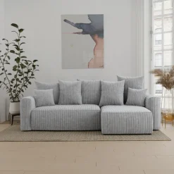 Divano letto angolare reversibile 238x142cm velluto a coste con libreria a destra grigio chiaro Mistery