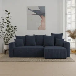 Divano letto angolare reversibile 238x142cm velluto a coste con libreria a destra nero Mistery