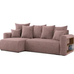 Divano letto angolare reversibile 238x142cm velluto a coste con libreria a destra rosa antico Mistery