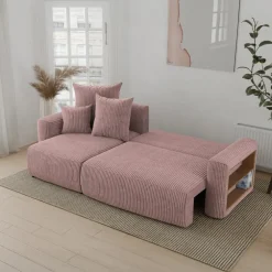 Divano letto angolare reversibile 238x142cm velluto a coste con libreria a destra rosa antico Mistery