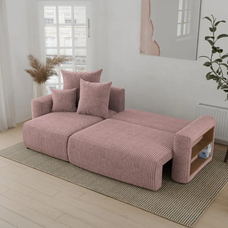 Divano letto angolare reversibile 238x142cm velluto a coste con libreria a destra rosa antico Mistery