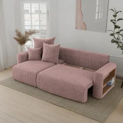 Divano letto angolare reversibile 238x142cm velluto a coste con libreria a destra rosa antico Mistery