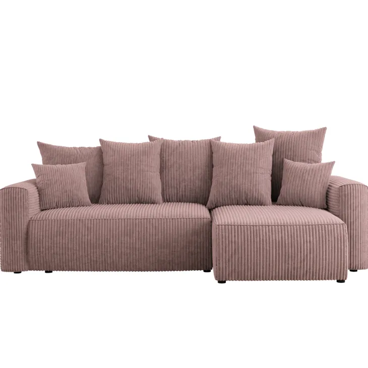 Divano letto angolare reversibile 238x142cm velluto a coste con libreria a destra rosa antico Mistery