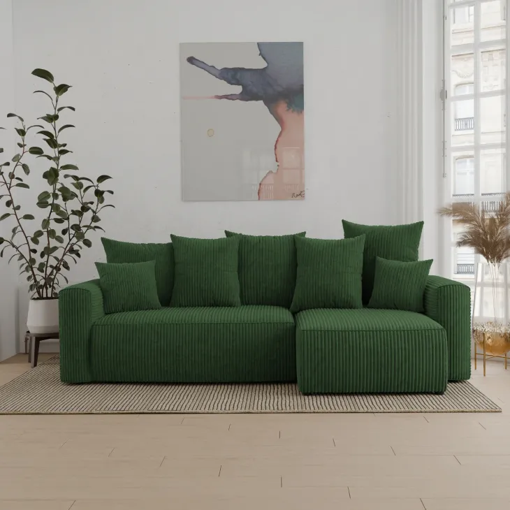 Divano letto angolare reversibile 238x142cm velluto a coste con libreria a destra verde scuro Mistery
