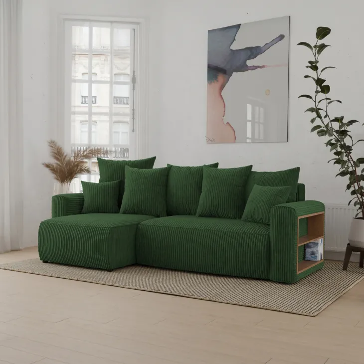 Divano letto angolare reversibile 238x142cm velluto a coste con libreria a destra verde scuro Mistery
