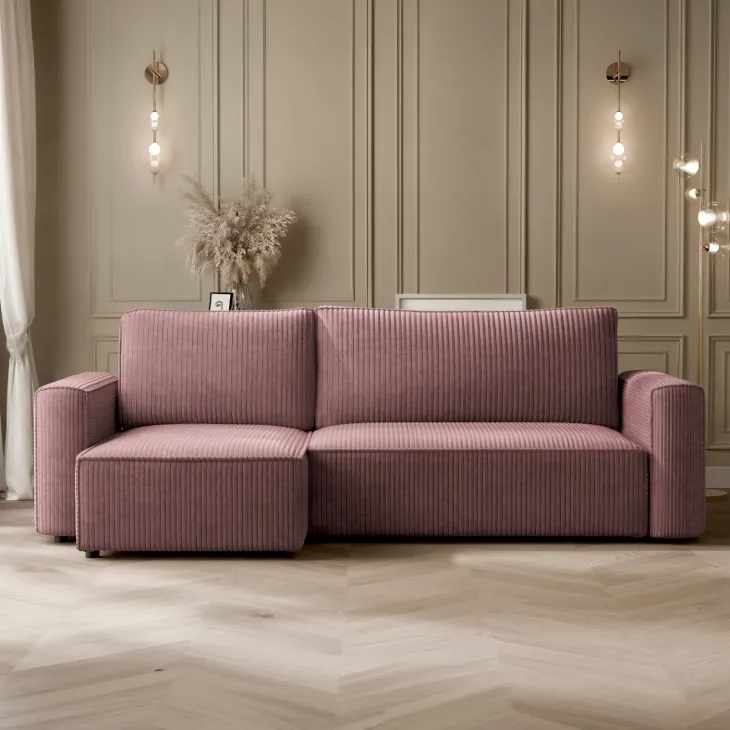 Divano letto angolare reversibile 243x142cm velluto a coste rosa antico Ofelia