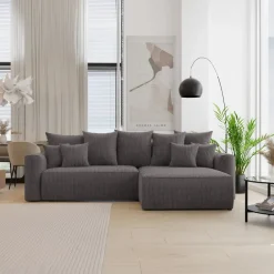 Divano letto angolare reversibile 260x160cm velluto a coste con libreria a sinistra antracite Mistery
