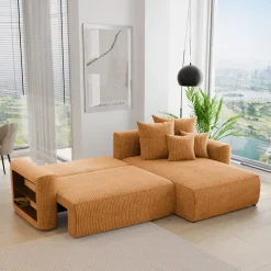 Divano letto angolare reversibile 260x160cm velluto a coste con libreria a sinistra giallo senape Mistery