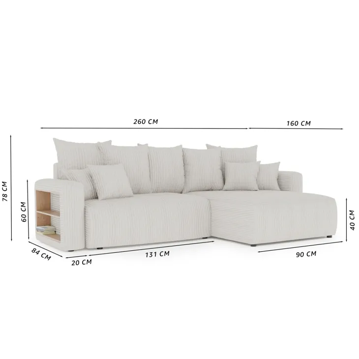 Divano letto angolare reversibile 260x160cm velluto a coste con libreria a sinistra marrone Mistery