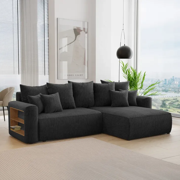 Divano letto angolare reversibile 260x160cm velluto a coste con libreria a sinistra nero Mistery