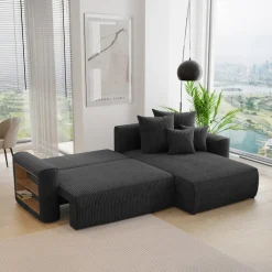 Divano letto angolare reversibile 260x160cm velluto a coste con libreria a sinistra nero Mistery