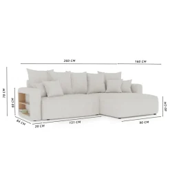Divano letto angolare reversibile 260x160cm velluto a coste con libreria a sinistra rosa antico Mistery