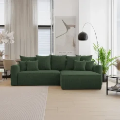 Divano letto angolare reversibile 260x160cm velluto a coste con libreria a sinistra verde scuro Mistery
