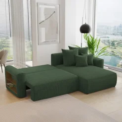 Divano letto angolare reversibile 260x160cm velluto a coste con libreria a sinistra verde scuro Mistery