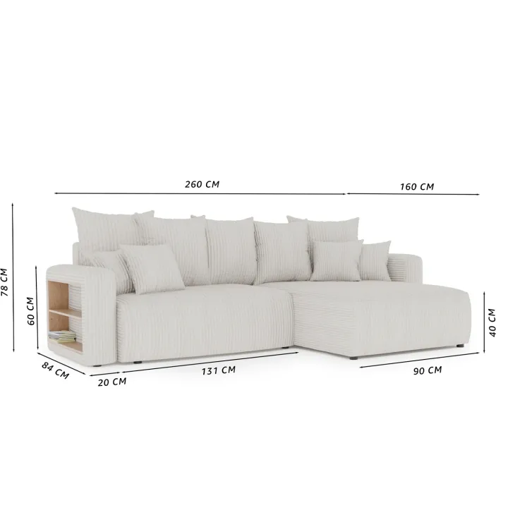 Divano letto angolare reversibile 260x160cm velluto a coste con libreria a sinistra verde scuro Mistery