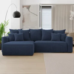 Divano letto angolare reversibile 260x160cm velluto a coste con libreria a destra blu Mistery
