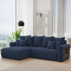 Divano letto angolare reversibile 260x160cm velluto a coste con libreria a destra blu Mistery