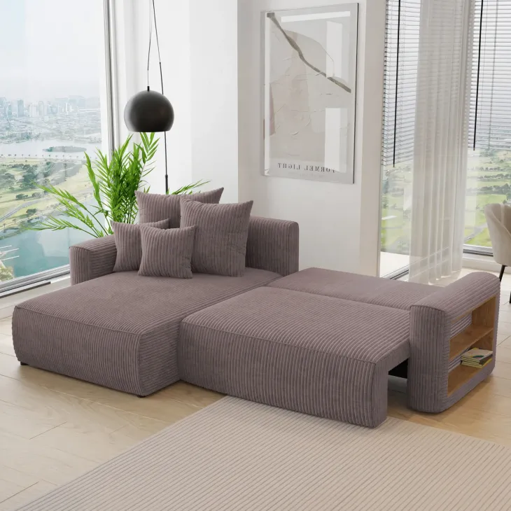 Divano letto angolare reversibile 260x160cm velluto a coste con libreria a destra marrone Mistery