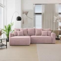 Divano letto angolare reversibile 260x160cm velluto a coste con libreria a destra rosa antico Mistery