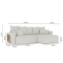 Divano letto angolare reversibile 260x160cm velluto a coste con libreria a destra rosa antico Mistery