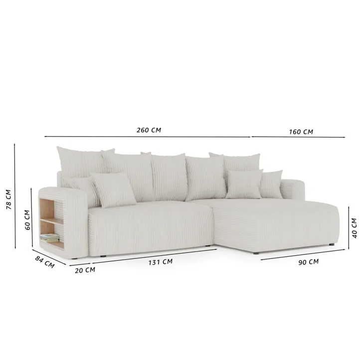 Divano letto angolare reversibile 260x160cm velluto a coste con libreria a destra rosa antico Mistery