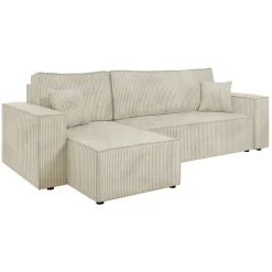 Divano letto angolare reversibile 3 posti 244x145cm con box contenitore velluto a coste beige Ploffy