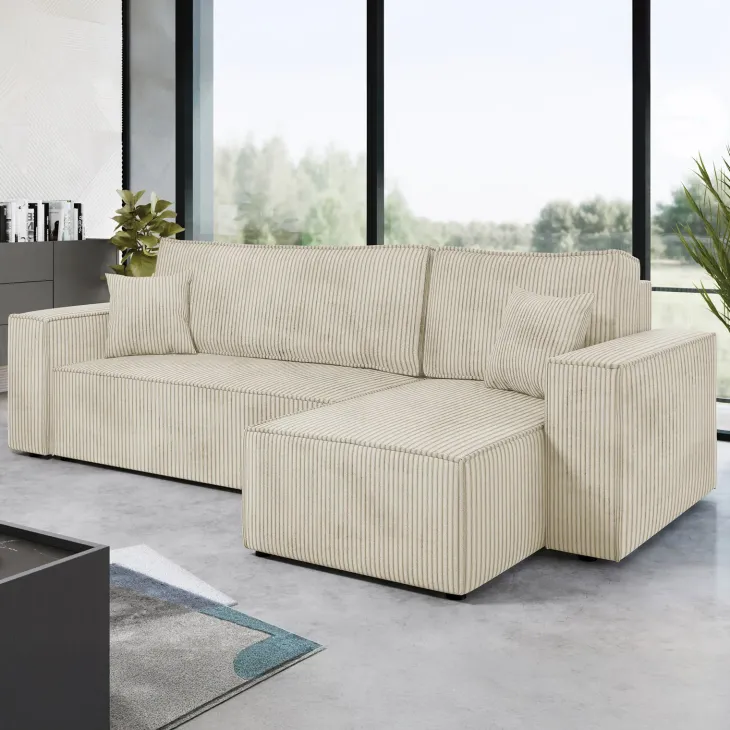 Divano letto angolare reversibile 3 posti 244x145cm con box contenitore velluto a coste beige Ploffy