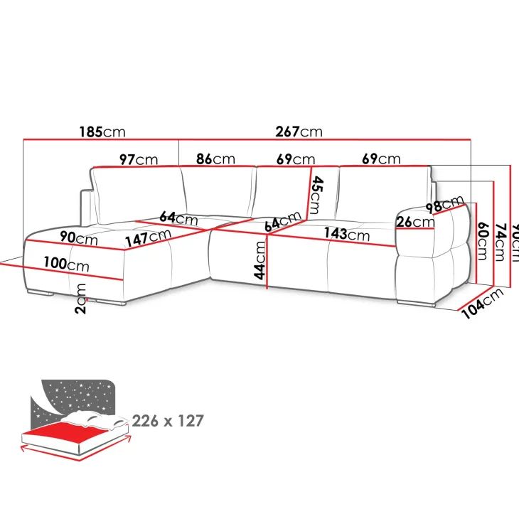 Divano letto angolare reversibile 3 posti 267x185cm box contenitore bianco perla Sottovoce
