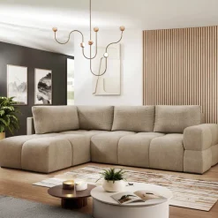 Divano letto angolare reversibile 3 posti 267x185cm box contenitore beige sabbia Sottovoce