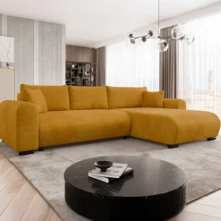 Divano letto angolare reversibile 4 posti 285x188cm con contenitore imbottito tessuto giallo senape Soft