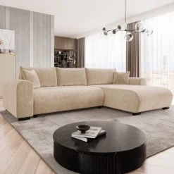 Divano letto angolare reversibile 4 posti 285x188cm con contenitore imbottito tessuto beige Soft