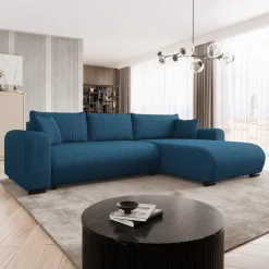 Divano letto angolare reversibile 4 posti 285x188cm con contenitore tessuto velluto a coste blu navy Soft