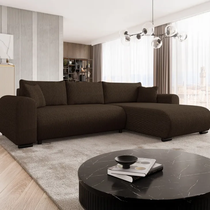 Divano letto angolare reversibile 4 posti 285x188cm con contenitore tessuto velluto a coste marrone scuro Soft