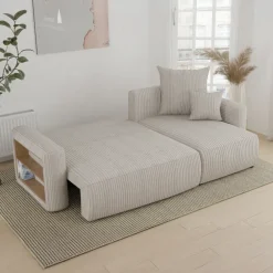 Divano letto angolare reversibile 238x142cm velluto a coste con libreria a sinistra beige Mistery