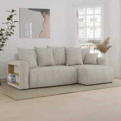 Divano letto angolare reversibile 238x142cm velluto a coste con libreria a sinistra beige Mistery
