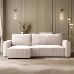 Divano letto angolare reversibile 243x142cm velluto a coste beige Ofelia