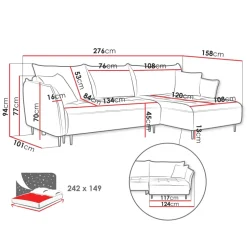 Divano letto angolare sinistro 3 posti 276x158cm tessuto blu Angle