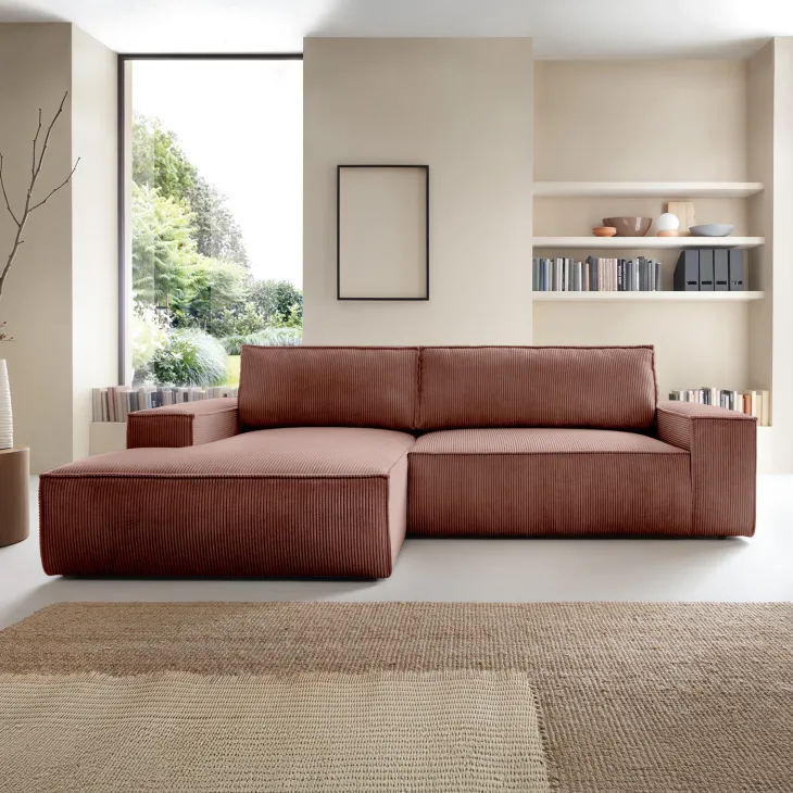 Divano letto angolare sinistra 3 posti 267x167cm velluto a coste rosa Relaxion