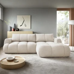Divano letto con angolo a destra 4 posti 270x173cm con contenitore tessuto bouclé bianco crema Litos