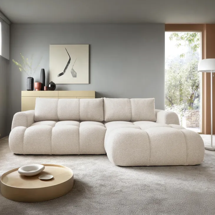 Divano letto con angolo a destra 4 posti 270x173cm con contenitore tessuto bouclé bianco crema Litos