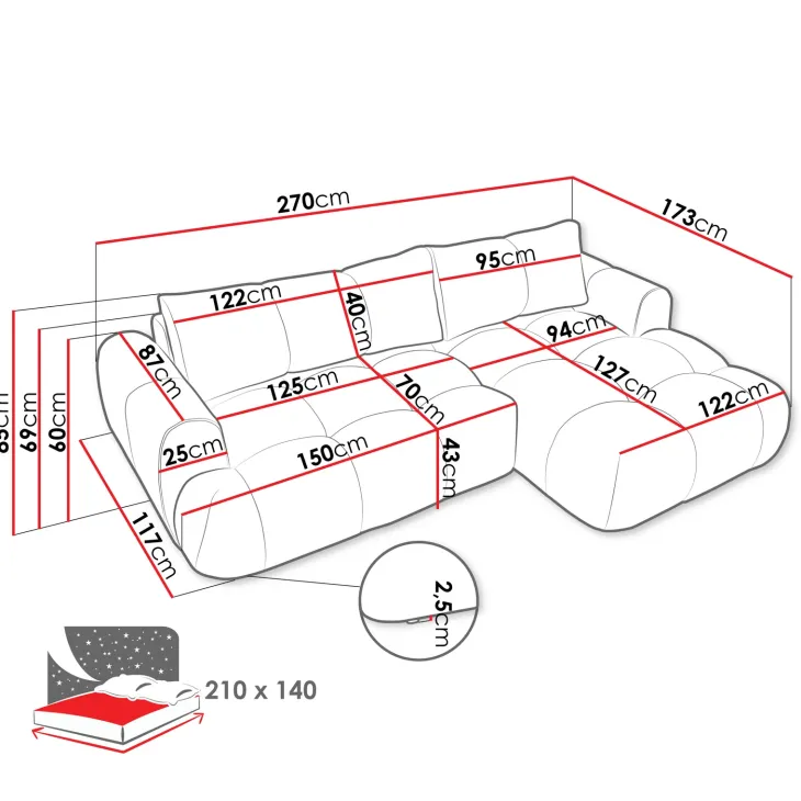 Divano letto con angolo a sinistra 4 posti 270x173cm con contenitore tessuto bouclé grigio tortora Litos