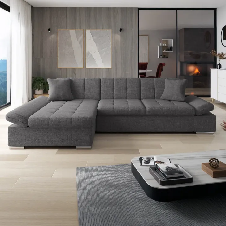 Divano letto con angolo a sinistra 4 posti 278x161cm contenitore grigio Zenia