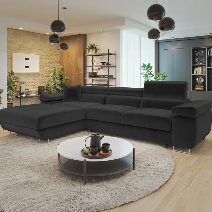 Divano letto con angolo a sinistra 4 posti 280x170cm box contenitore velluto nero Elvio