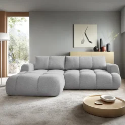 Divano letto con angolo a sinistra 4 posti 270x173cm con contenitore tessuto bouclé grigio chiaro Litos