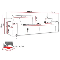 Divano letto matrimoniale 3 posti 248x90cm velluto a coste tortora Slurp