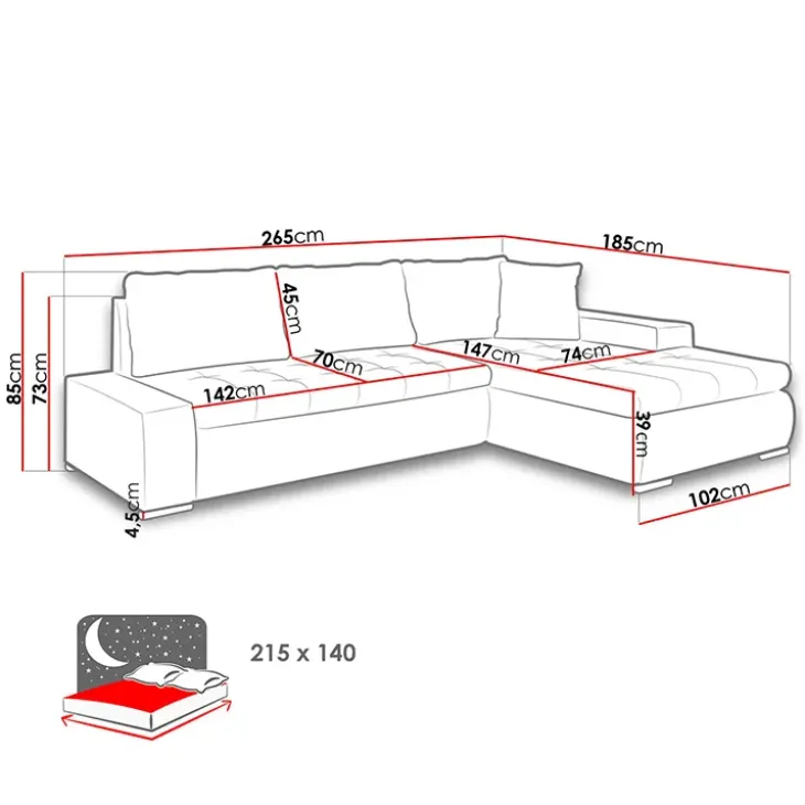 Divano letto matrimoniale reversibile 3 posti 265cm grigio chiaro e scuro Bette